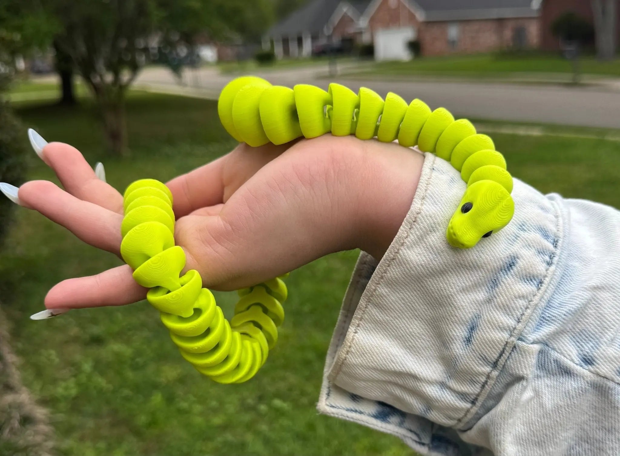 Green Snake Fidget Toy: 3D Printed Flexible Sensory Toy for Stress Relief - Handmade in Mississippi