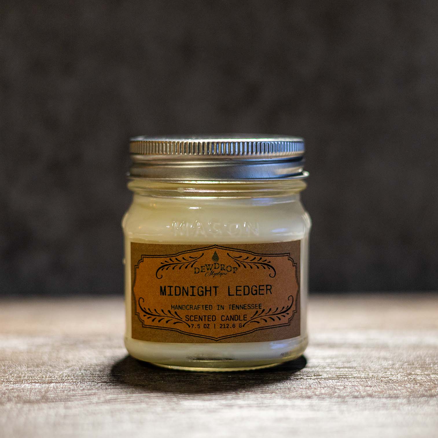 Midnight Ledger 7.5oz Candle by Dewdrop Mystique LLC, scented candle detail photo 2