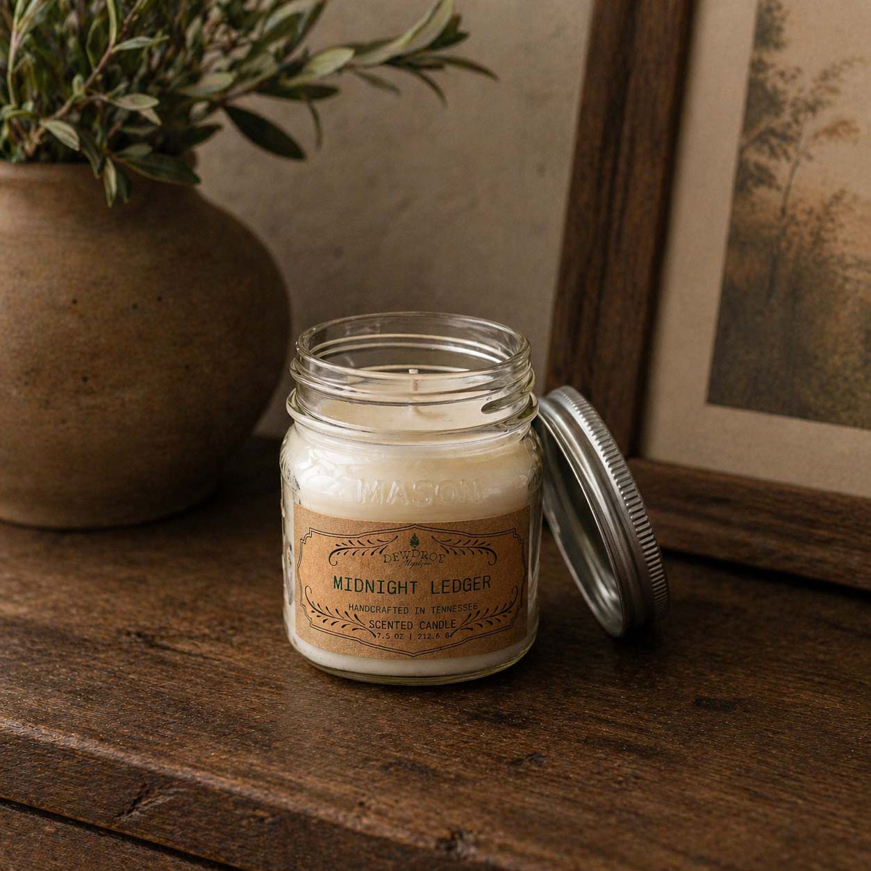 Midnight Ledger 7.5oz Candle by Dewdrop Mystique LLC, scented candle main product photo