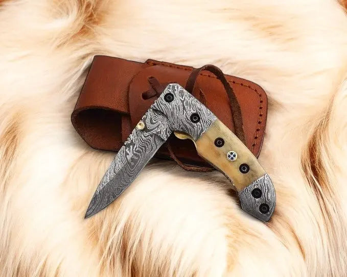 Mini folding knife | Bone Handle pocket knife | 3 inch blade Damascus Knife Store