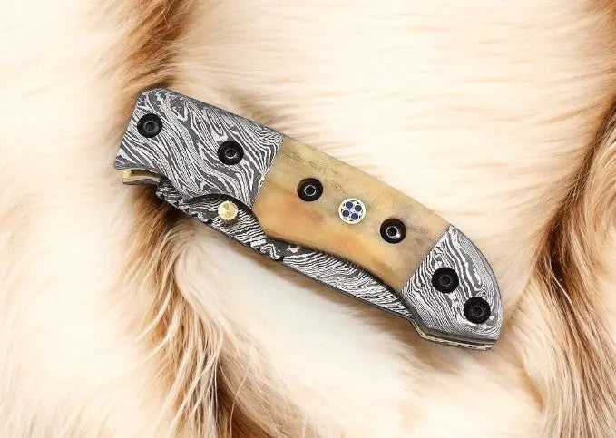 Mini folding knife | Bone Handle pocket knife | 3 inch blade Damascus Knife Store