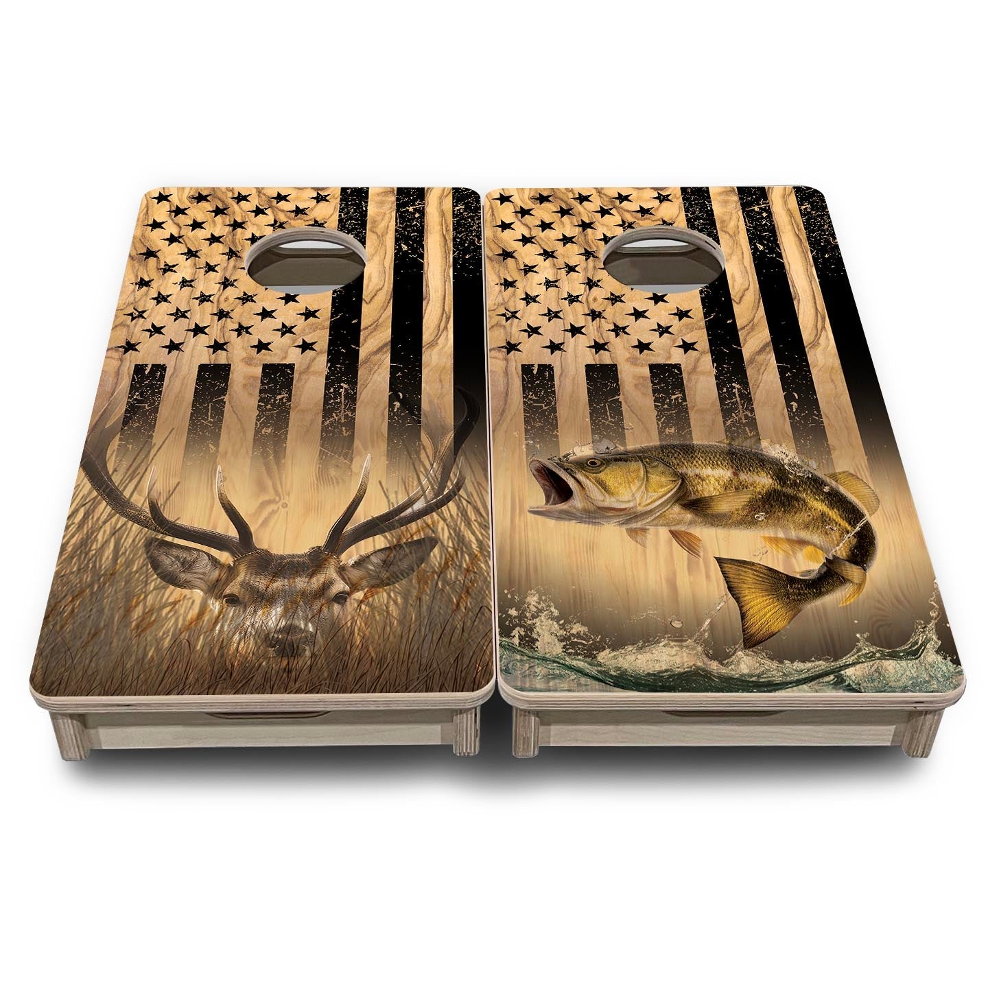 Light Wood Deer & Fish Flag - Mini or Vacation Size Cornhole Boards Cornhole Solutions