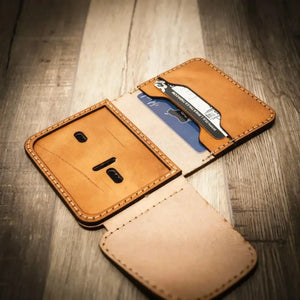 Full-grain leather texture and stitching on the Minimalist Badge Wallet