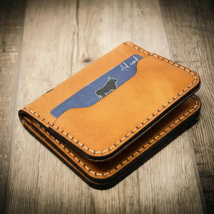 Minimalist Badge Wallet front exterior with natural leather character
