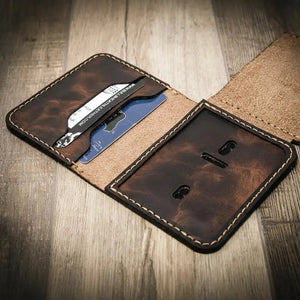 Close view of Minimalist Badge Wallet leather grain and finished edges