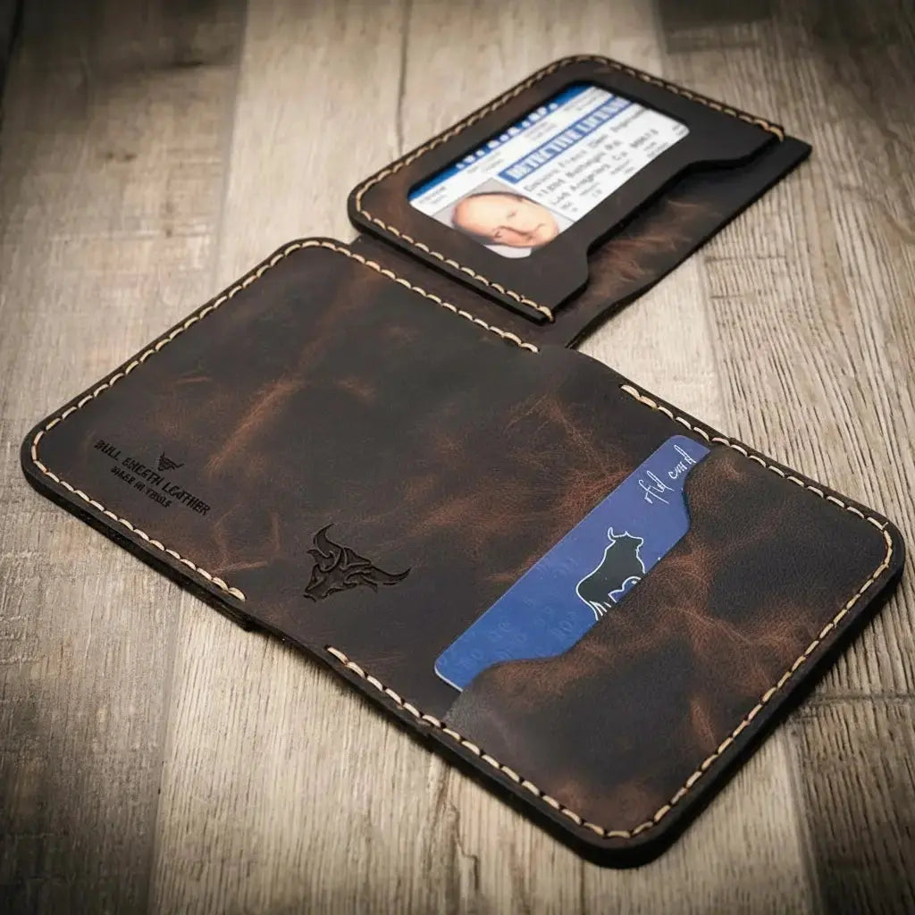 Handmade Minimalist Badge Wallet displayed partially open
