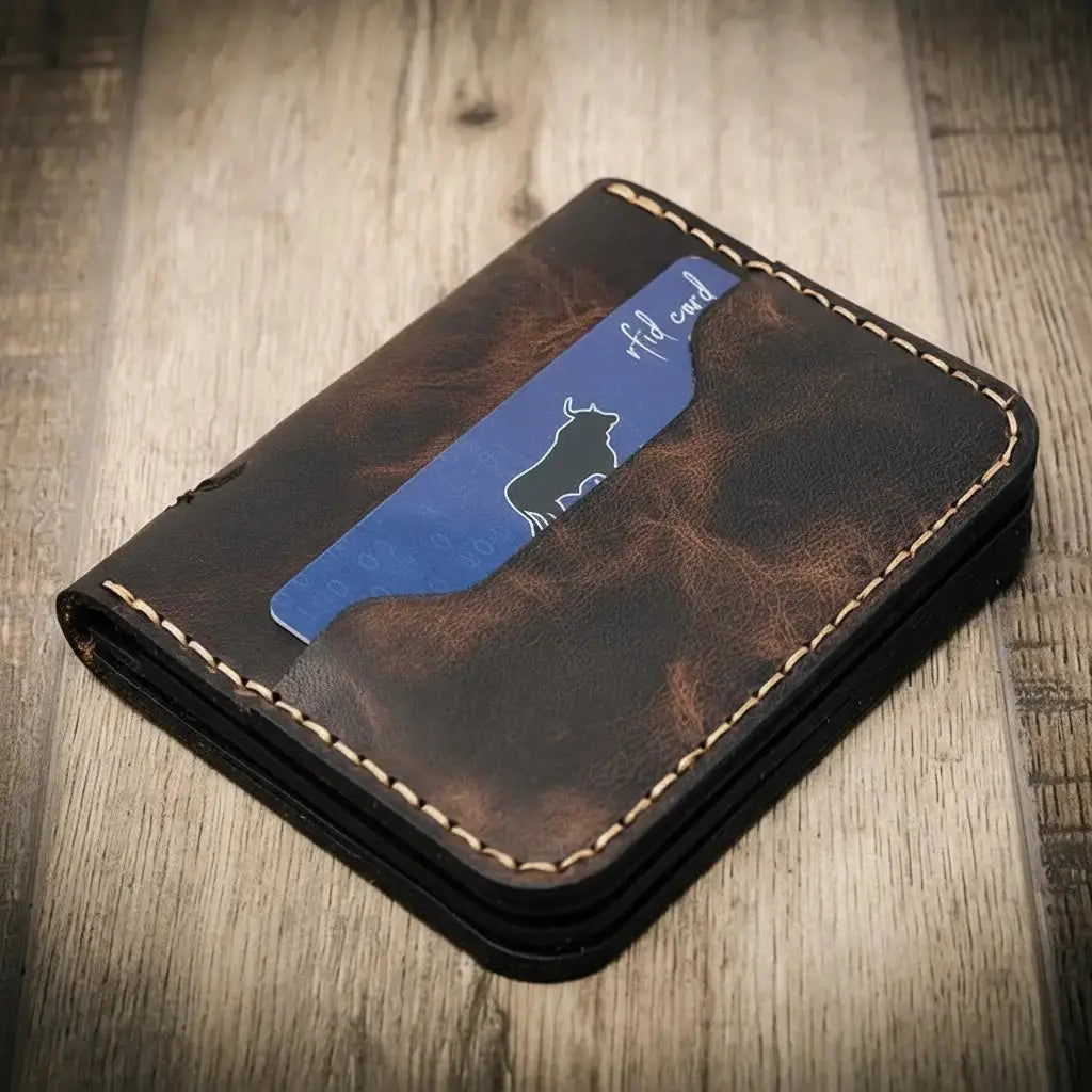 Bull Sheath Leather Minimalist Badge Wallet with reinforced stitching