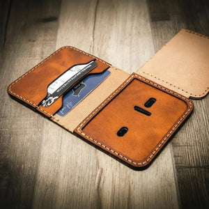 Full-grain leather Minimalist Badge Wallet shown at an angle