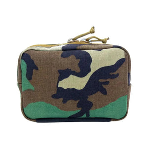 Rectangular woodland camouflage fanny pack with zipper and cord pull