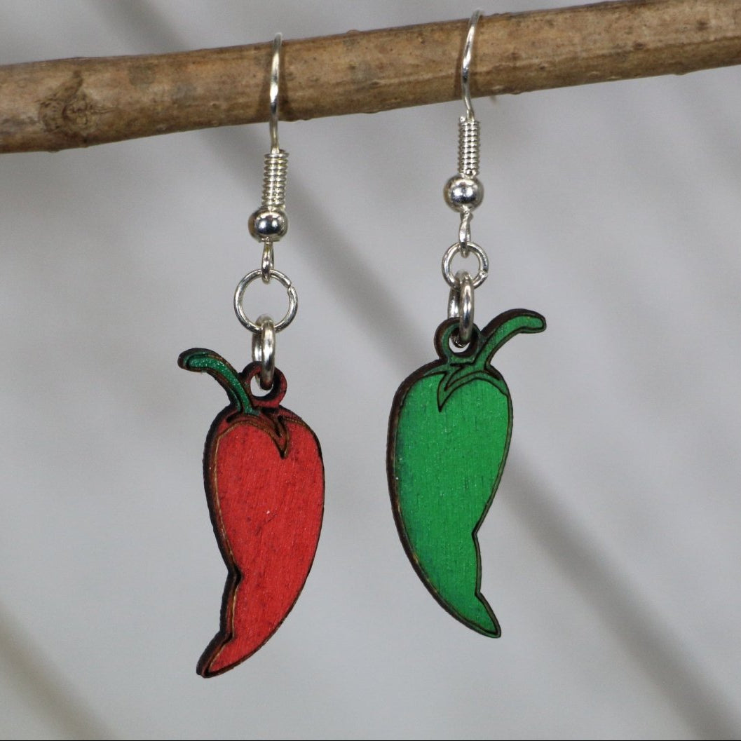 Mismatched Chili Pepper Wooden Earrings | Spicy Food Jewelry