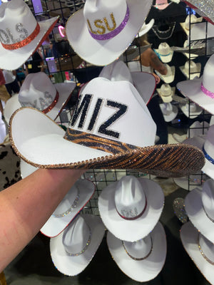 White Mizzou cowboy hat with black rhinestone letters and tiger print trim.