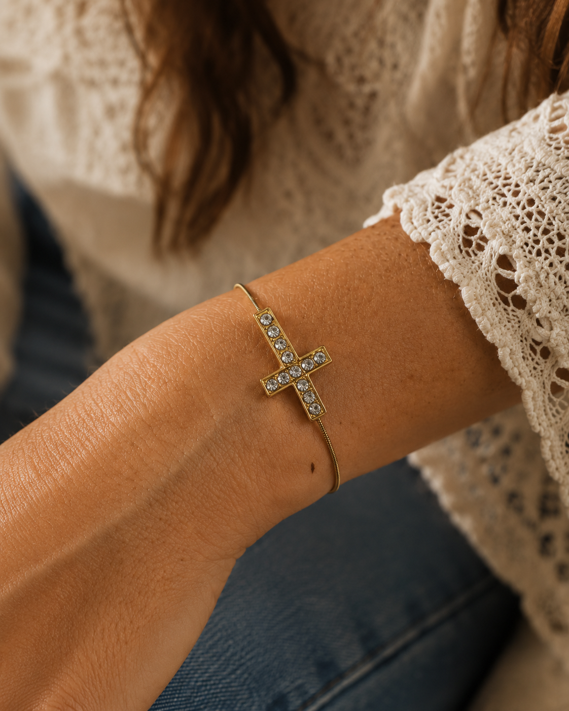 Gold Rhinestone Cross Guitar String Bracelet by N Harmony Jewelry, handmade jewelry main product photo