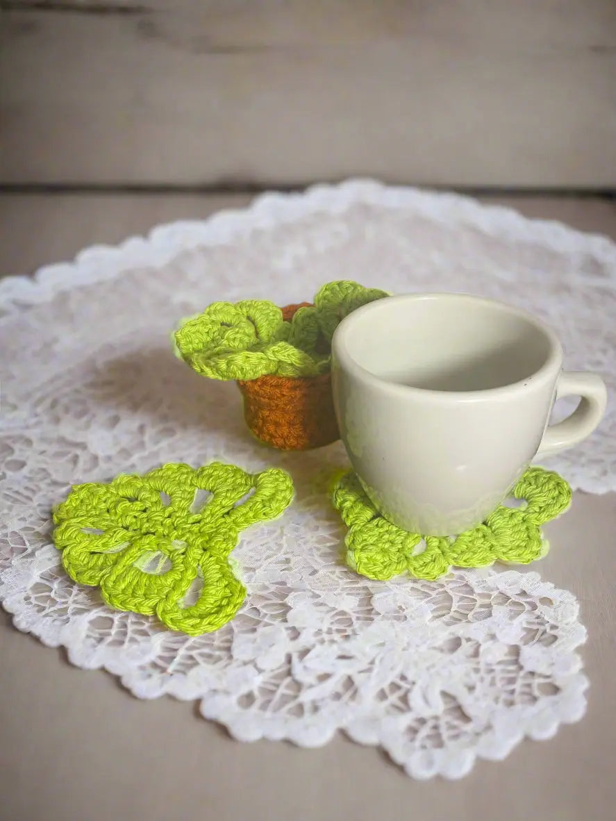 Monstera Leaf Coasters with Pot - Handmade Crochet Plant Coasters by Klassy Krafts, Southern home decor main product photo