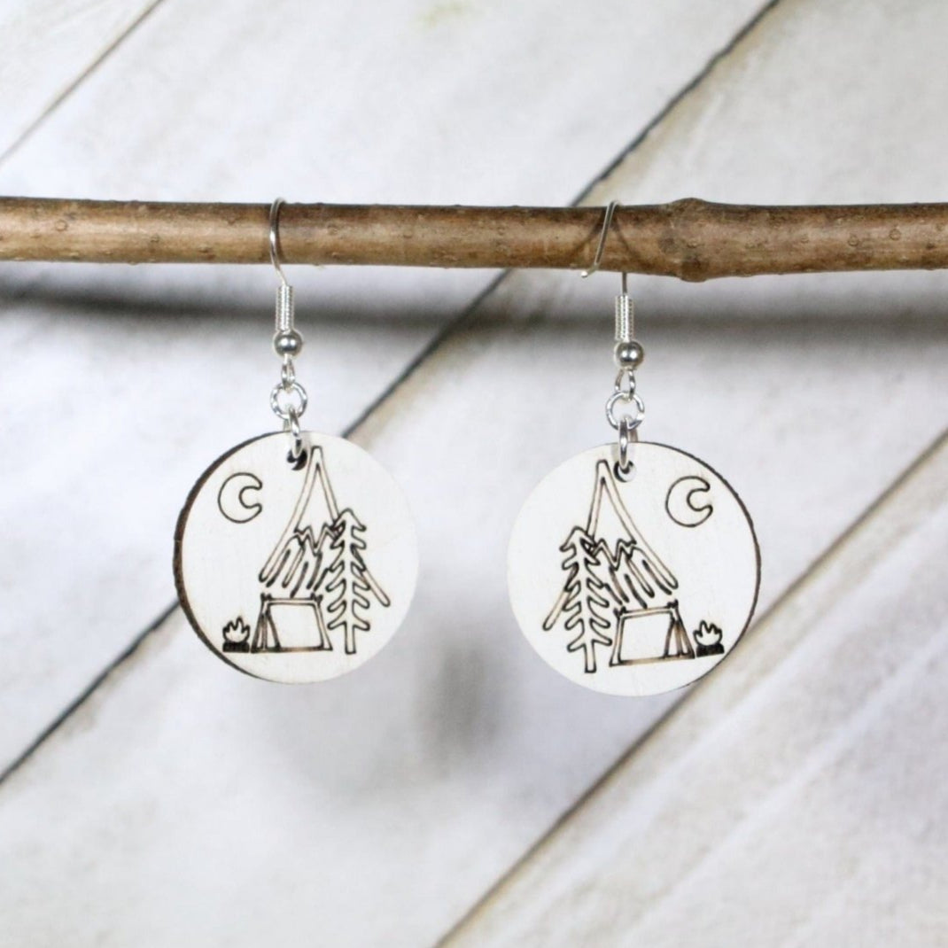 Moonlit Camp Wooden Earrings | Camping Night Nature Jewelry