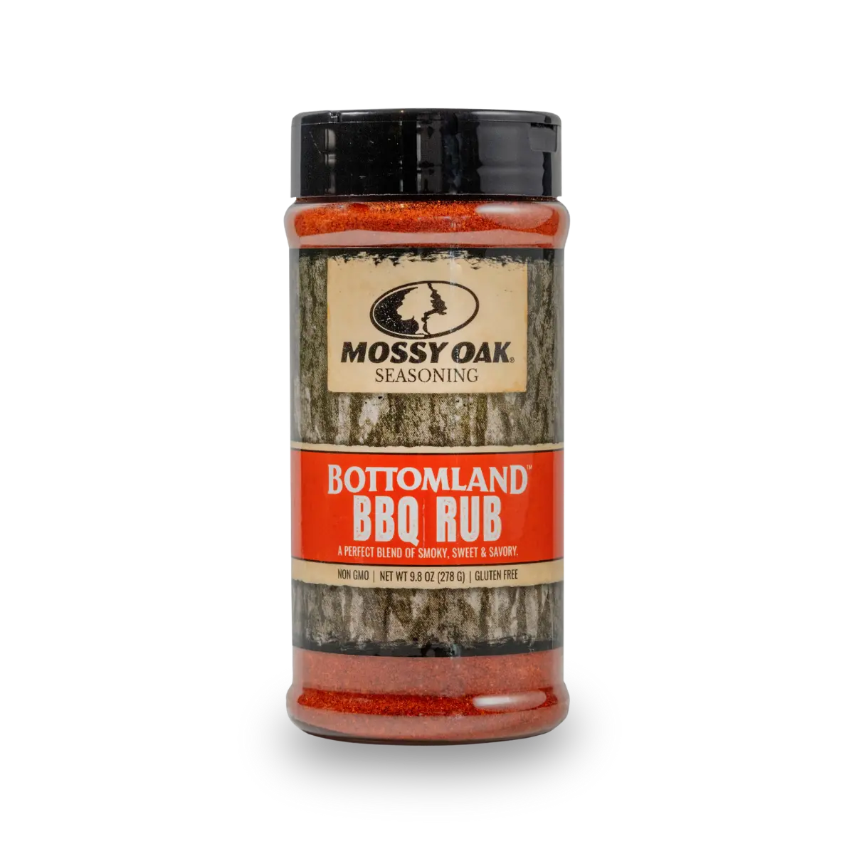 Mossy Oak Bottomland BBQ Rub seasoning from Bourbon Barrel Foods for pork and chicken