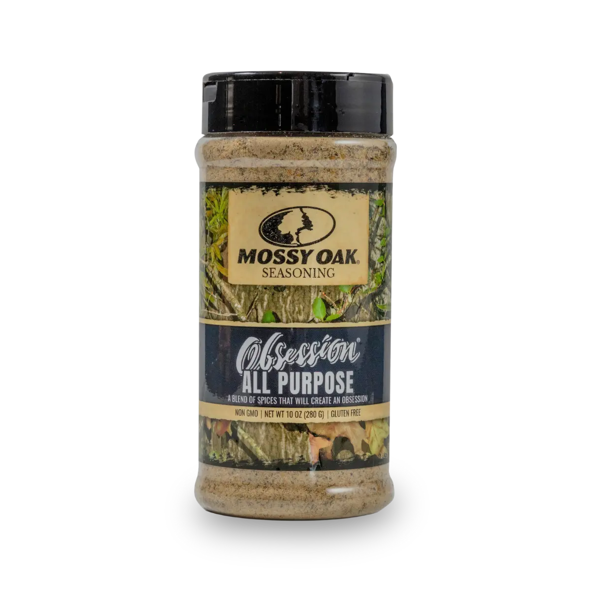 Mossy Oak Obsession All Purpose seasoning blend in a clear plastic bottle with a label.
