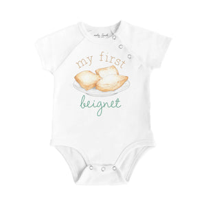 My First Beignet Organic Cotton Baby Onesie by Nola Tawk, Southern lifestyle apparel main product photo
