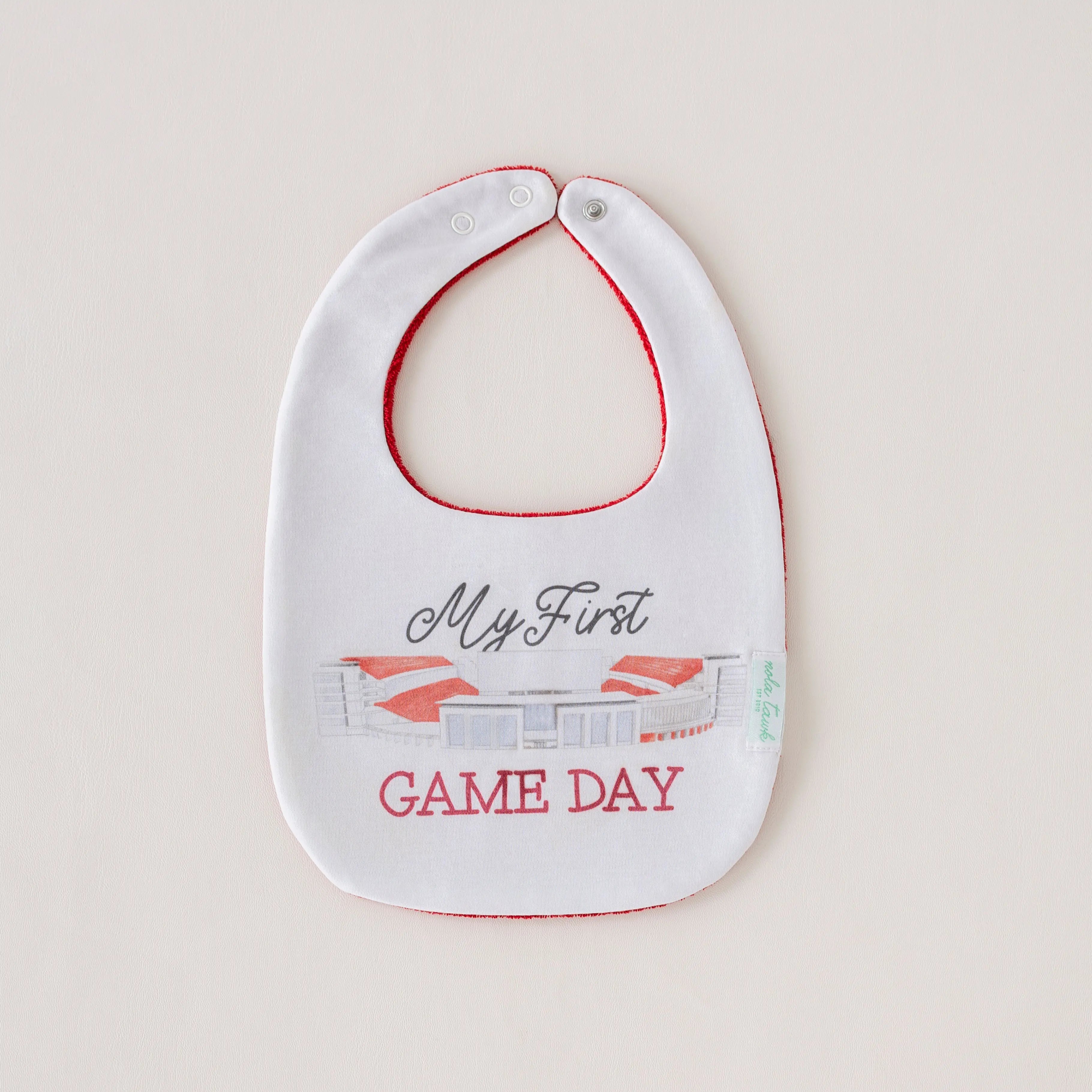 My First Game Day - Arkansas Organic Cotton Baby Bib by Nola Tawk, children's boutique clothing main product photo