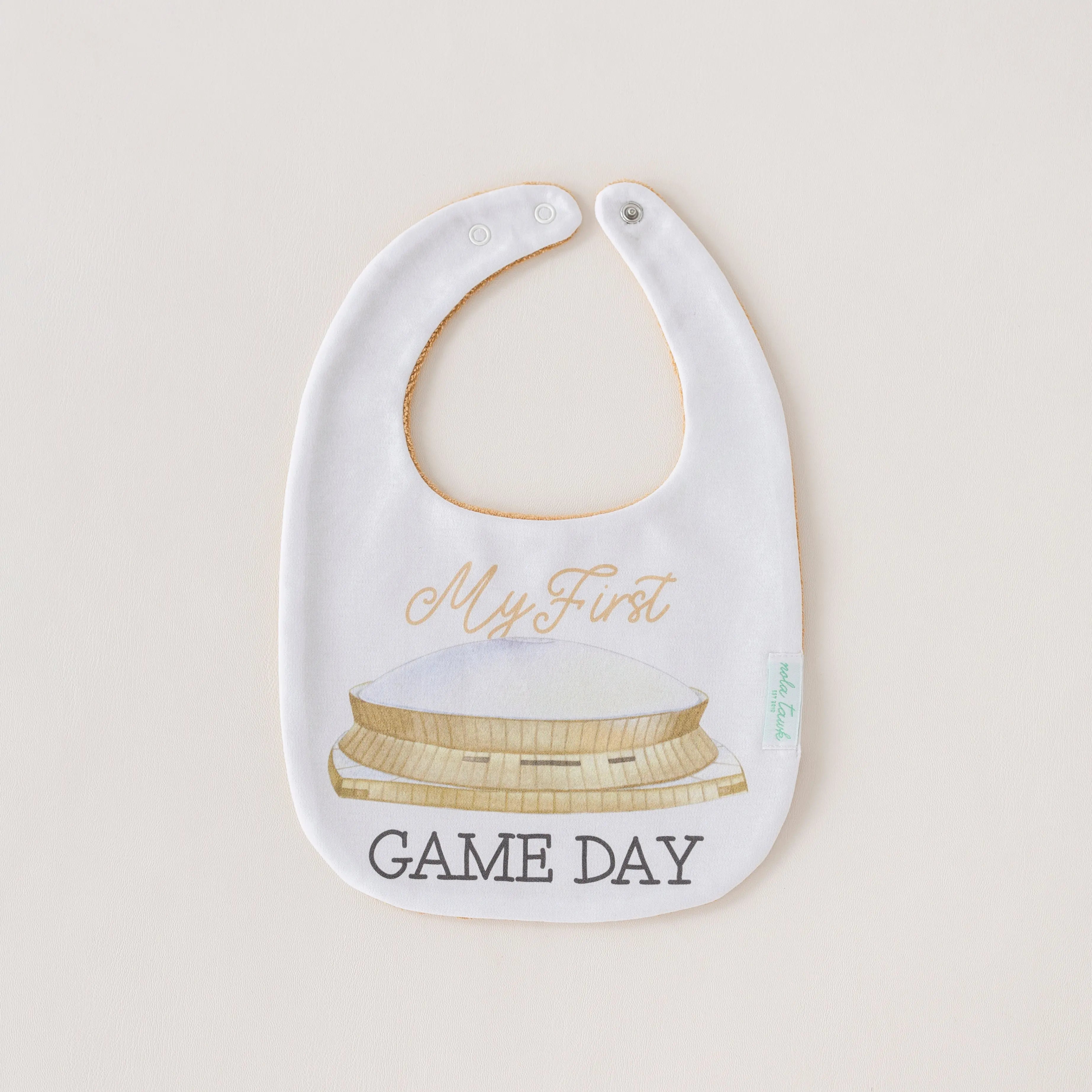 My First Game Day - Saints Organic Cotton Baby Bib by Nola Tawk, children's boutique clothing main product photo