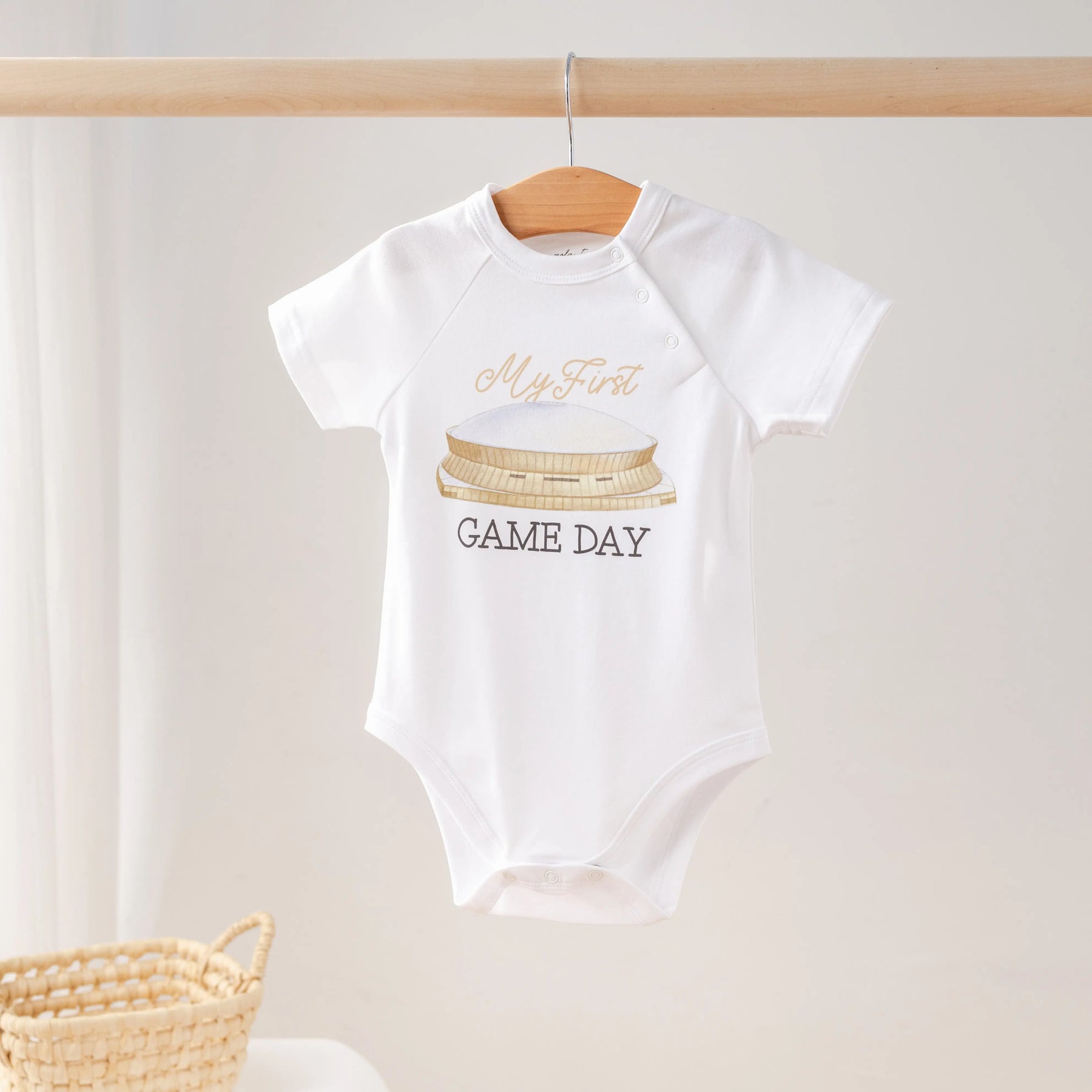 My First Game Day - Saints Organic Cotton Onesie by Nola Tawk, Southern lifestyle apparel main product photo