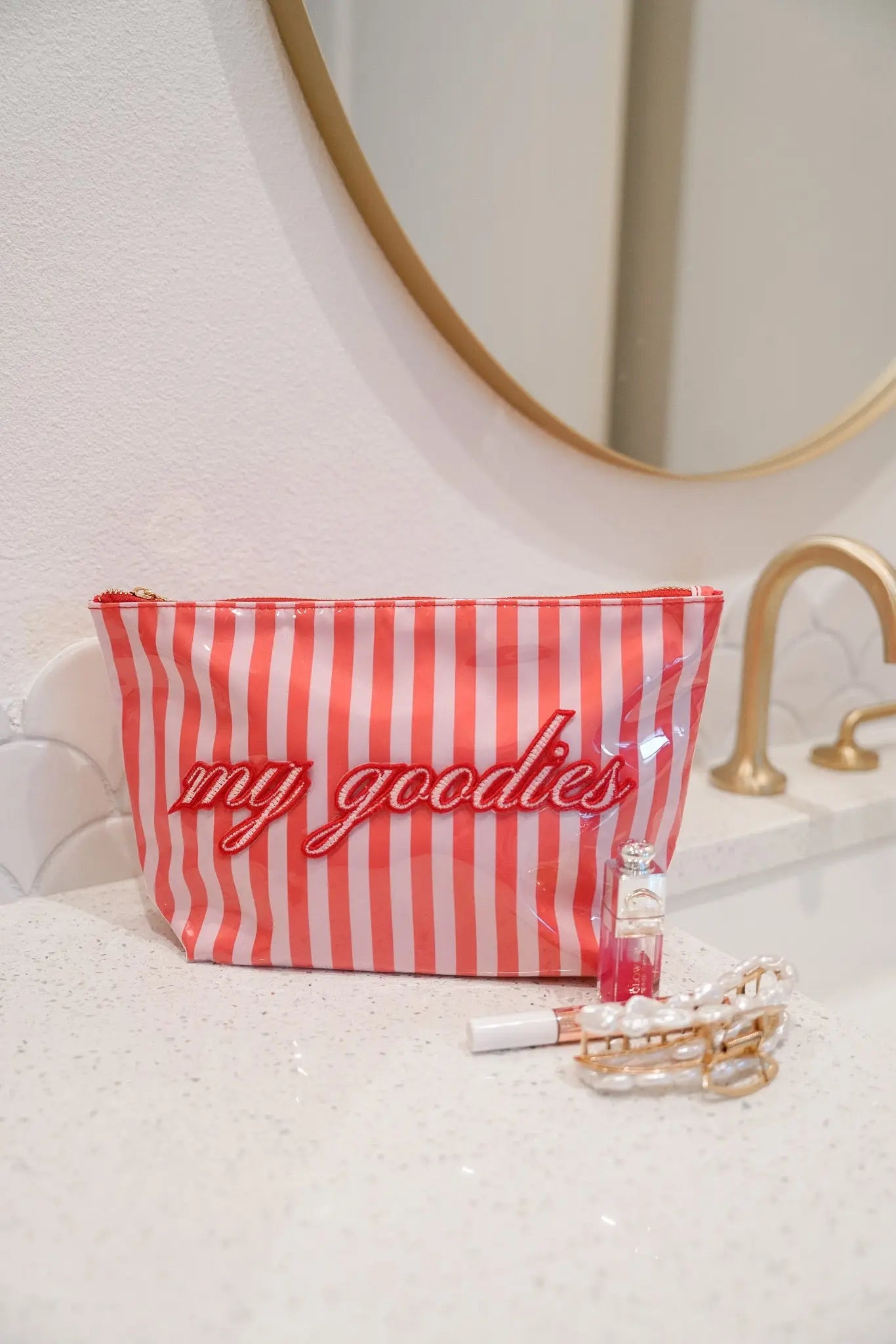 My Goodies - Pink & Red Stripes Clear Coat Bag by KenzKustomz, handmade leather goods main product photo