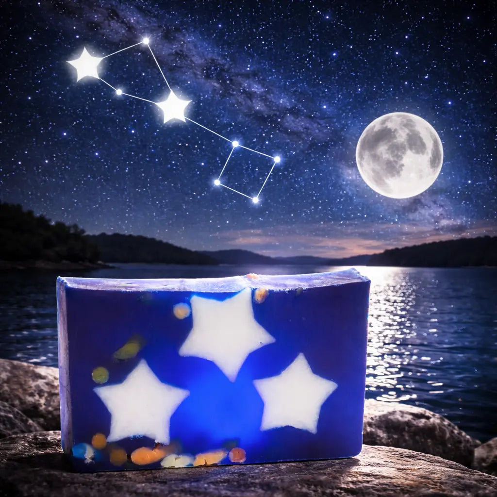 Blue soap slice with white stars and colorful pieces against a night sky with moon and constellation.