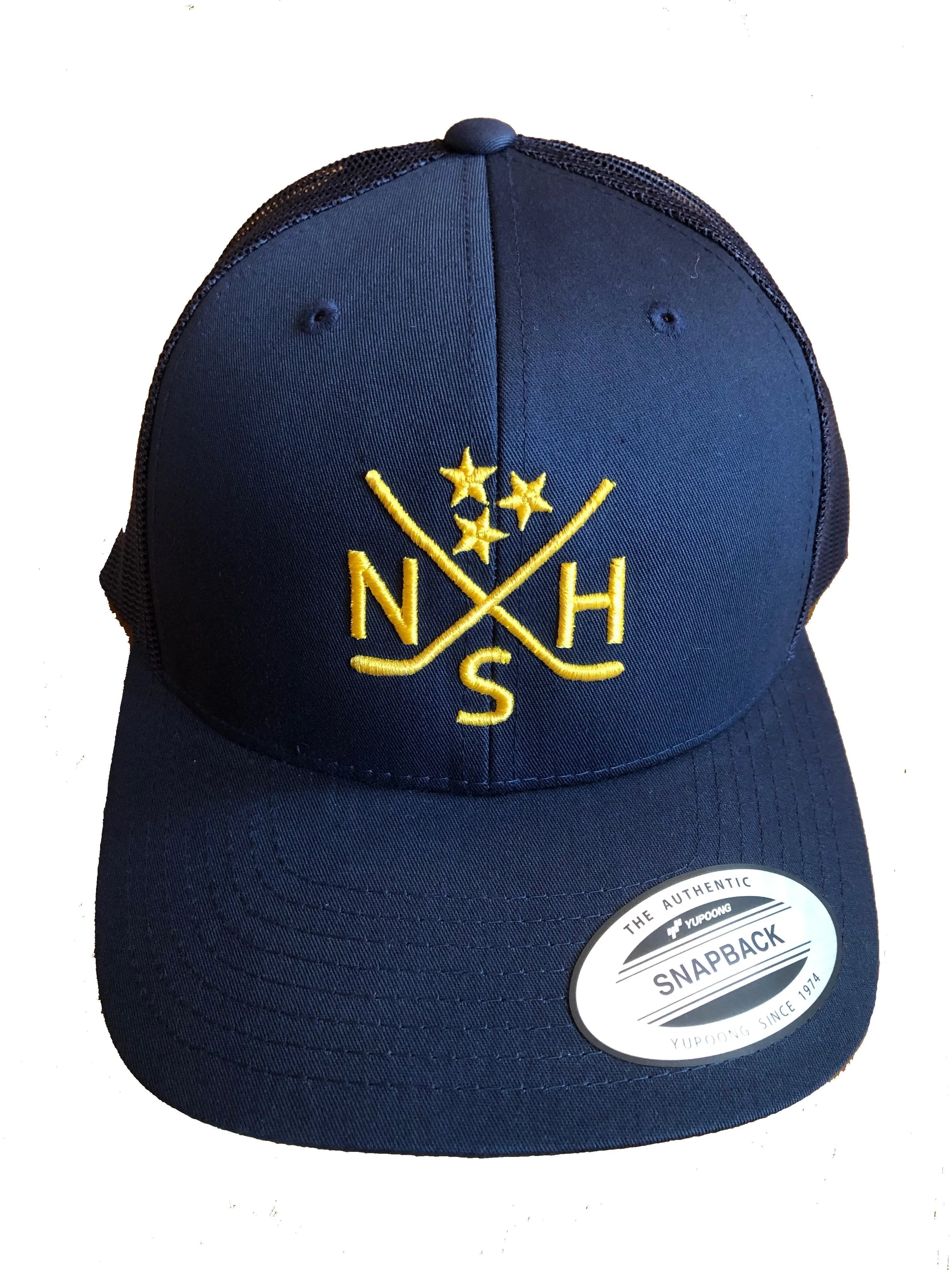 Navy NSH snapback hat with embroidered hockey sticks and stars logo.