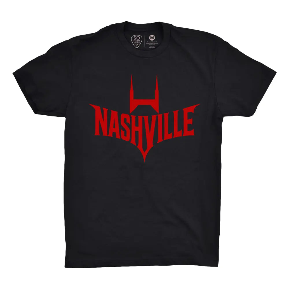 Black t-shirt with red Nashville Batman-style logo and size M tag.