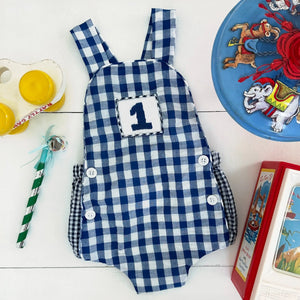 Navy Blue Smocked First Birthday Sunsuit by Seven Lantern Lane, children's boutique clothing detail photo 11