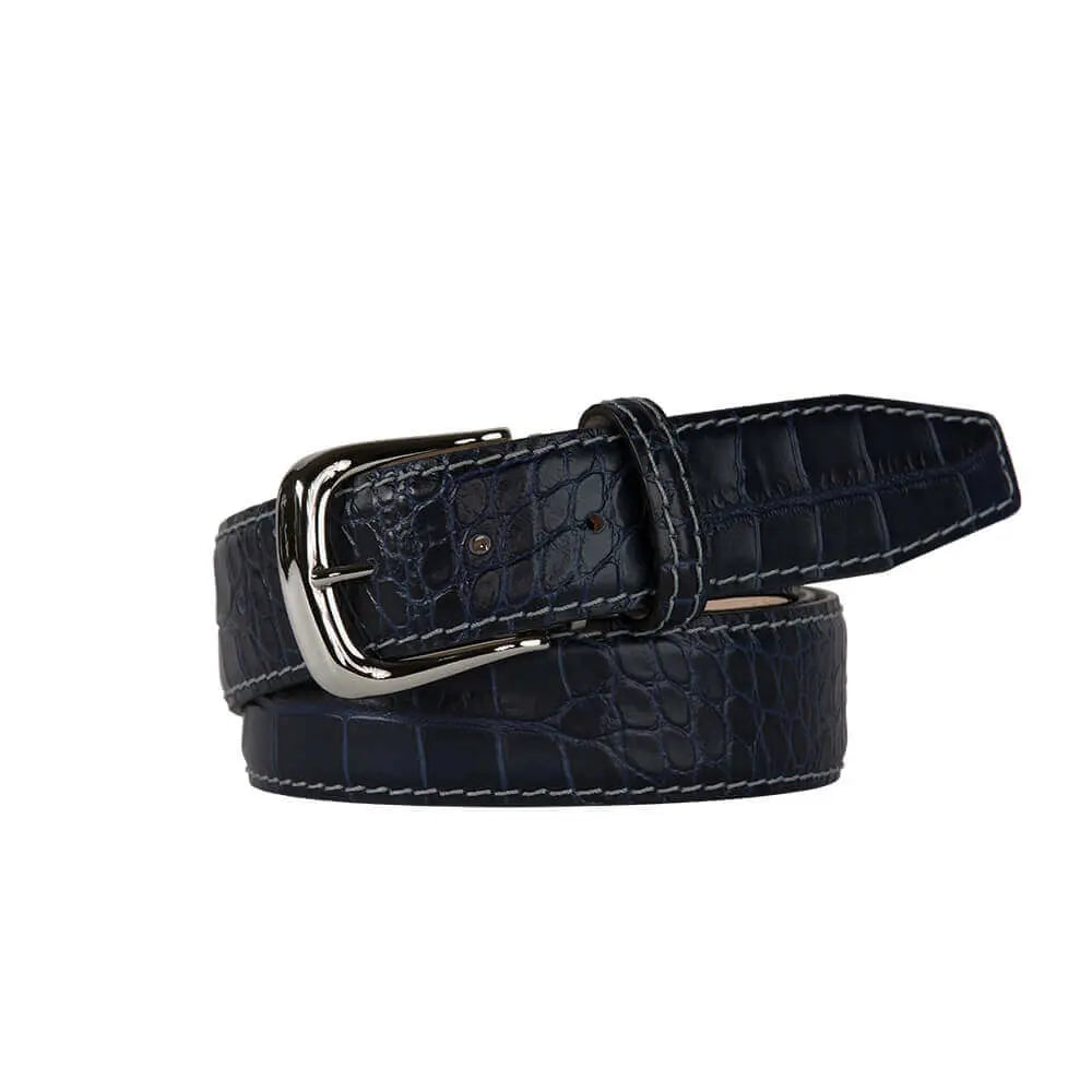 Navy Mock Croc Leather Belt by Roger Ximenez: Bespoke Belts and Leather Accessories, handmade leather goods main product photo