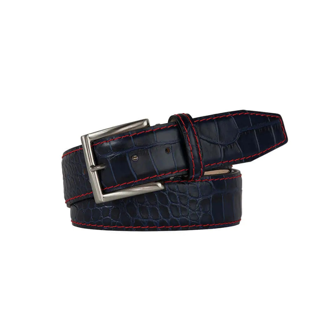 Navy Mock Croc Leather Belt by Roger Ximenez: Bespoke Belts and Leather Accessories, handmade leather goods detail photo 2