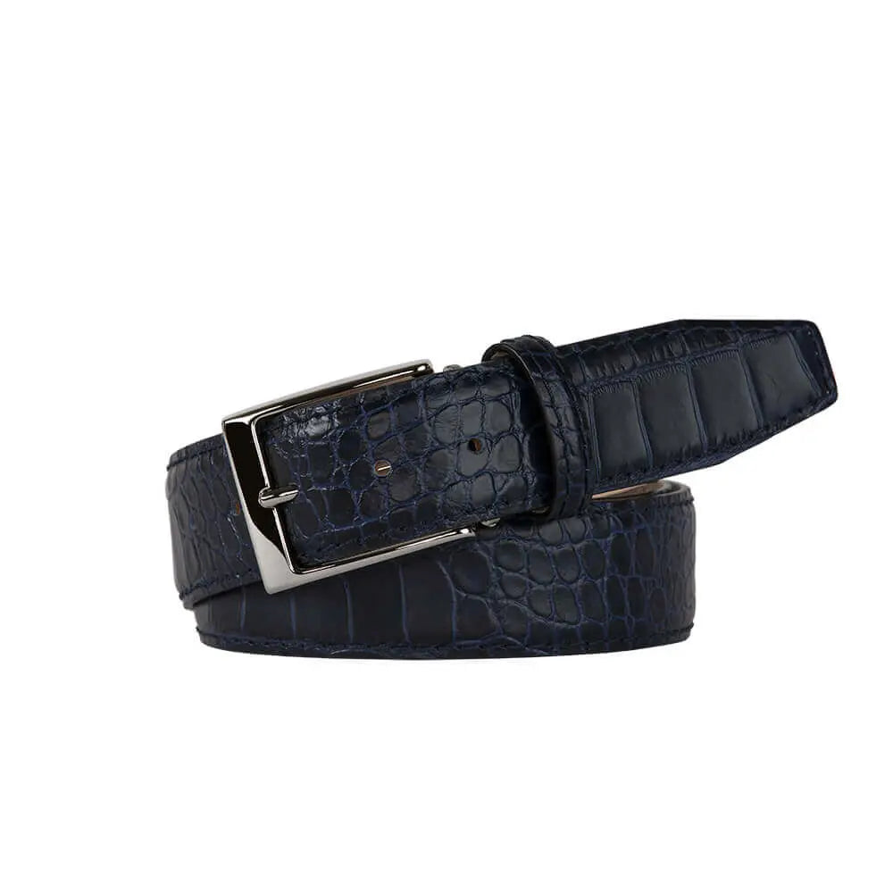 Navy Mock Croc Leather Belt by Roger Ximenez: Bespoke Belts and Leather Accessories, handmade leather goods detail photo 5
