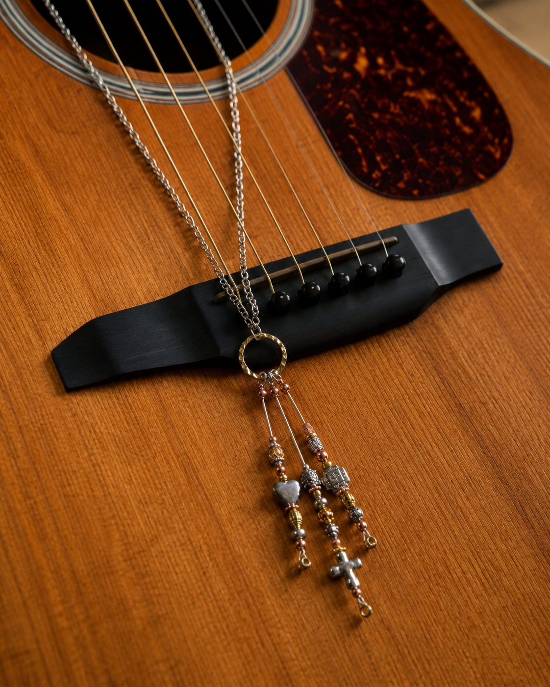 Bright Tri Colored Guitar String Necklace by N Harmony Jewelry, handmade jewelry detail photo 2
