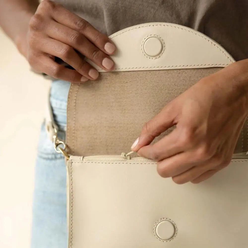 Nisolo Cleo Leather Convertible Crossbody Clutch by Mission Mercantile Leather Goods, natural skincare detail photo 13