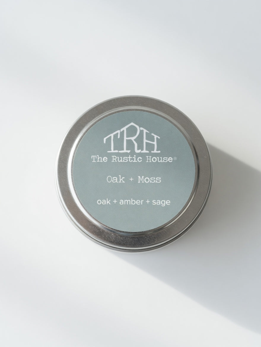 Oak + Moss Travel Tin by The Rustic House, scented candle detail photo 2