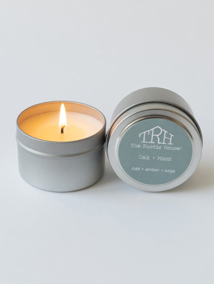 Oak + Moss Travel Tin by The Rustic House, scented candle main product photo