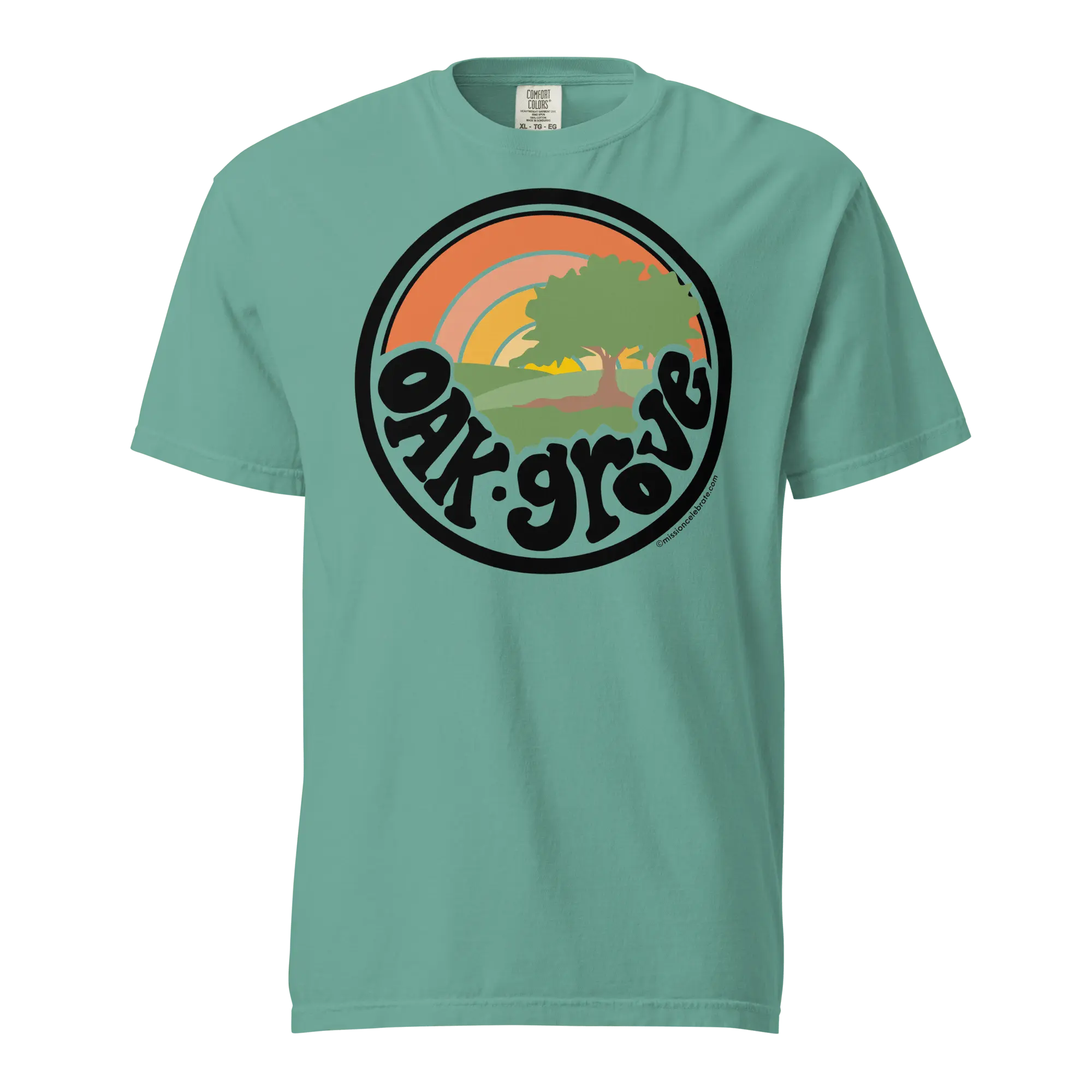 Oak Grove "Retro Sunrise" Handlettered Art by © Leslie Gonce Comfort Colors Short Sleeve Tee (MISSISSIPPI) Mission Celebrate