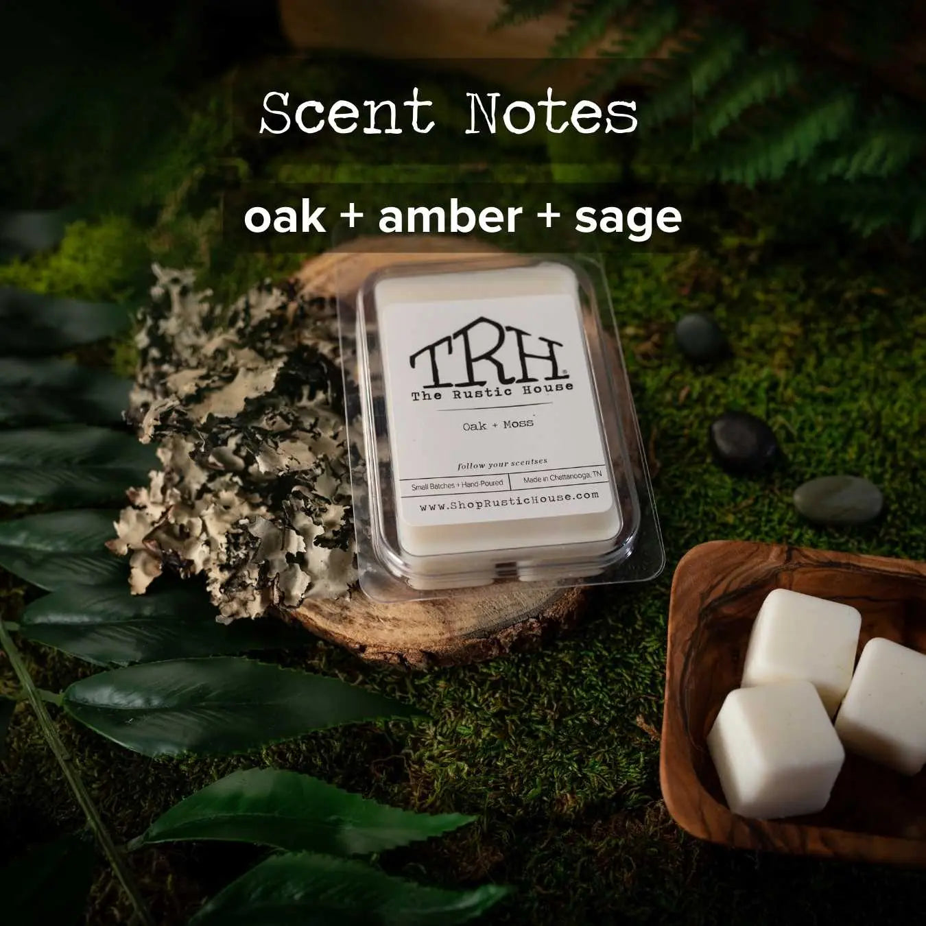 Oak + Moss Wax Melt by The Rustic House, scented candle detail photo 2