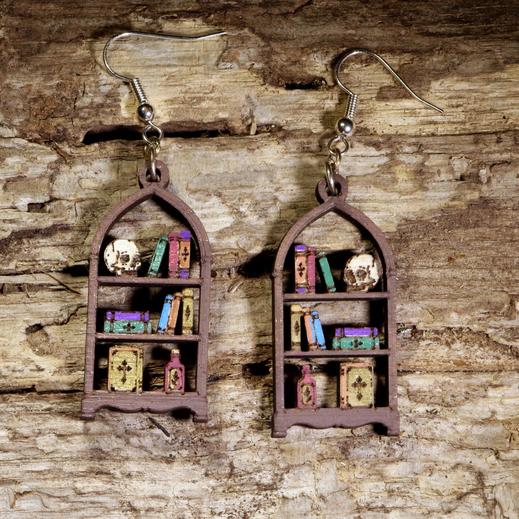 Oddities Bookshelf Wooden Dangle Earrings | Gothic Curiosity Jewelry