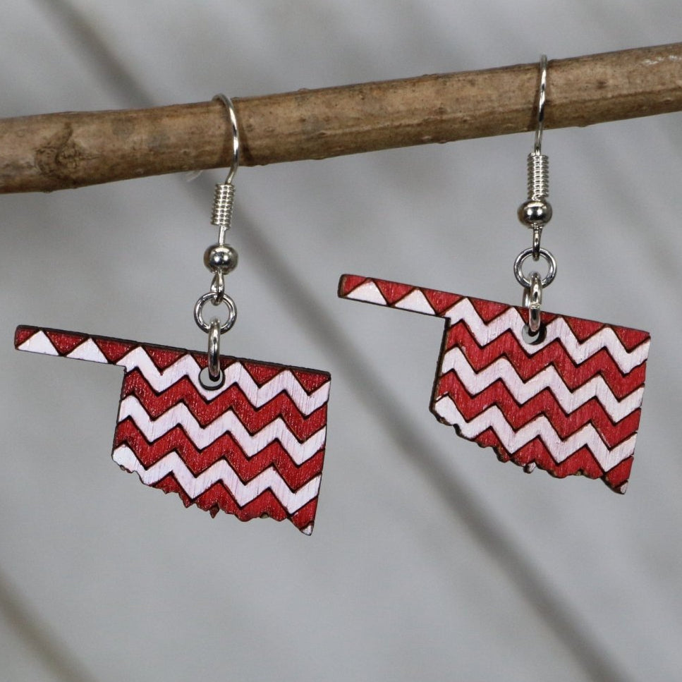 Oklahoma Chevron Wooden Dangle Earrings | Red White State Jewelry