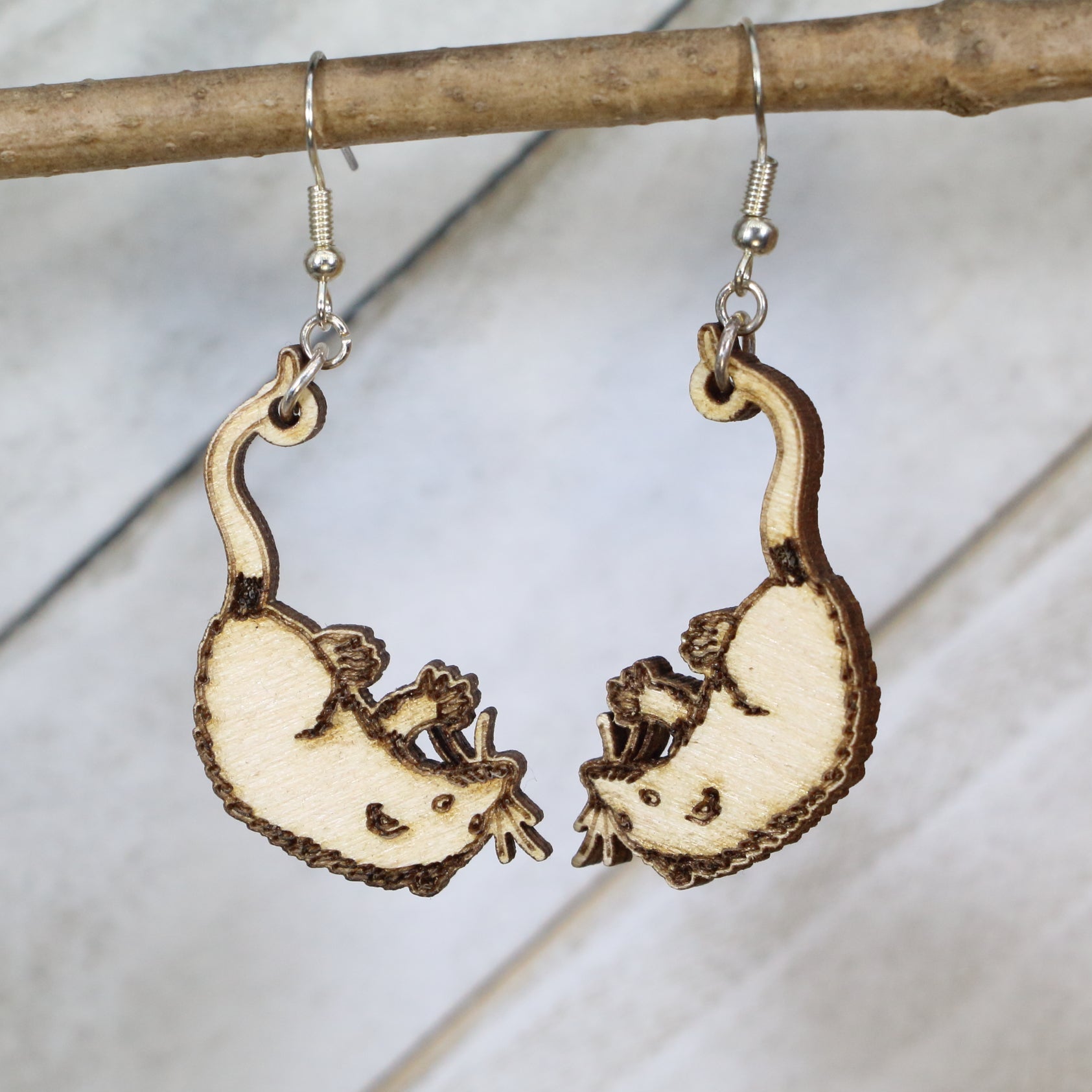 Opossum Wooden Dangle Earrings | Cute Woodland Animal Jewelry