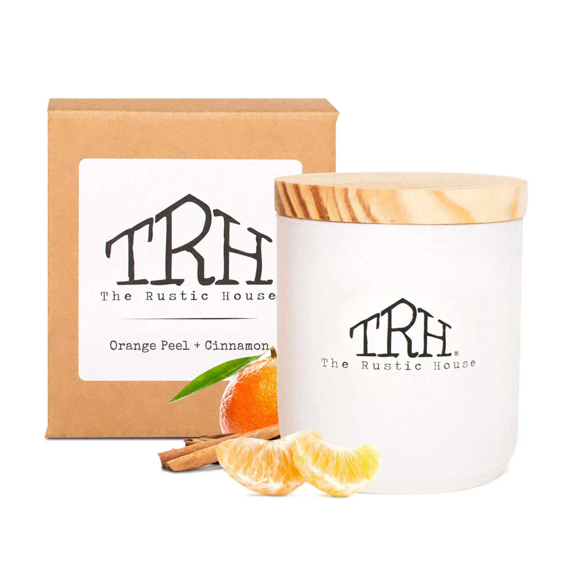 Orange Peel + Cinnamon scented candle with wooden lid and kraft box