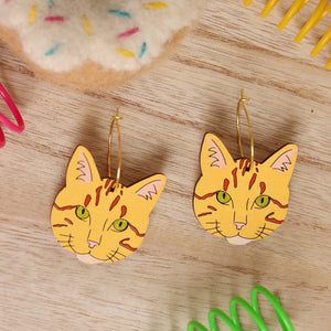 Orange Tabby Cat Hoop Earrings hand painted on lightweight wood by LE CHIC MIAMI