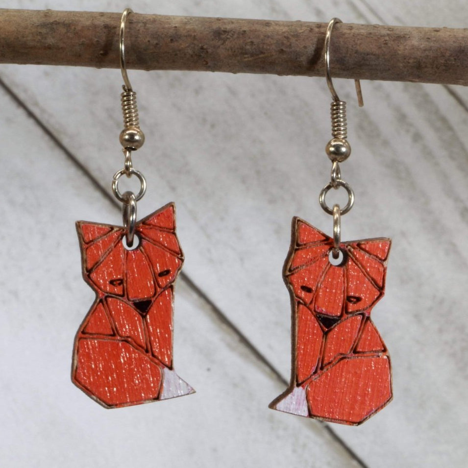 Origami Fox Wooden Dangle Earrings | Geometric Animal Jewelry by Cate's Concepts, LLC, handmade jewelry main product photo