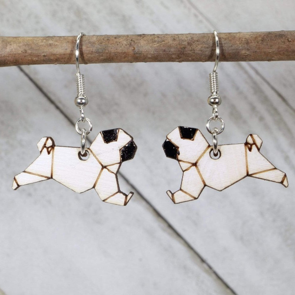 Origami Pug Wooden Dangle Earrings | Dog Lover Jewelry by Cate's Concepts, LLC, handmade jewelry main product photo