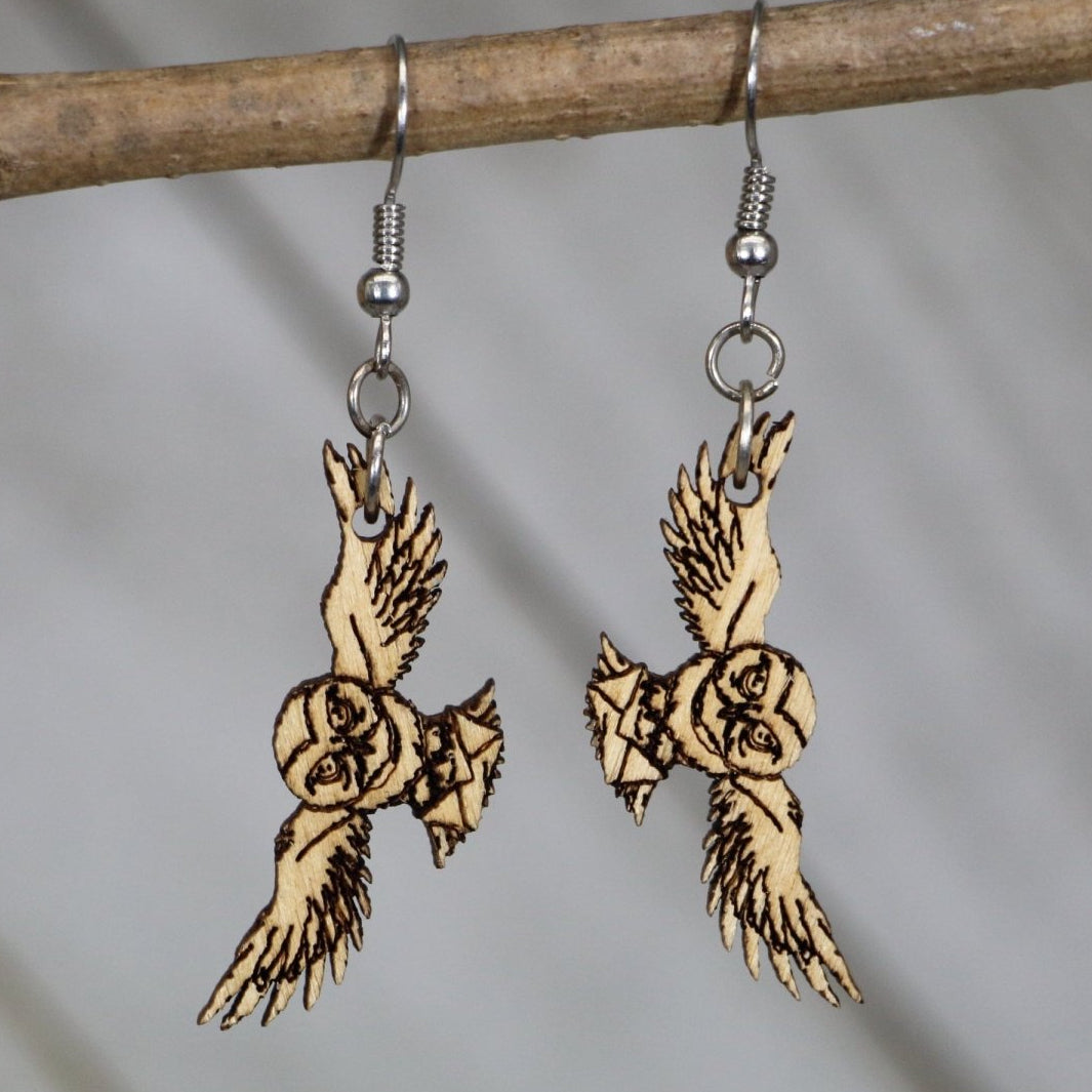 Owl with Letter Wooden Dangle Earrings | Fantasy Bird Jewelry