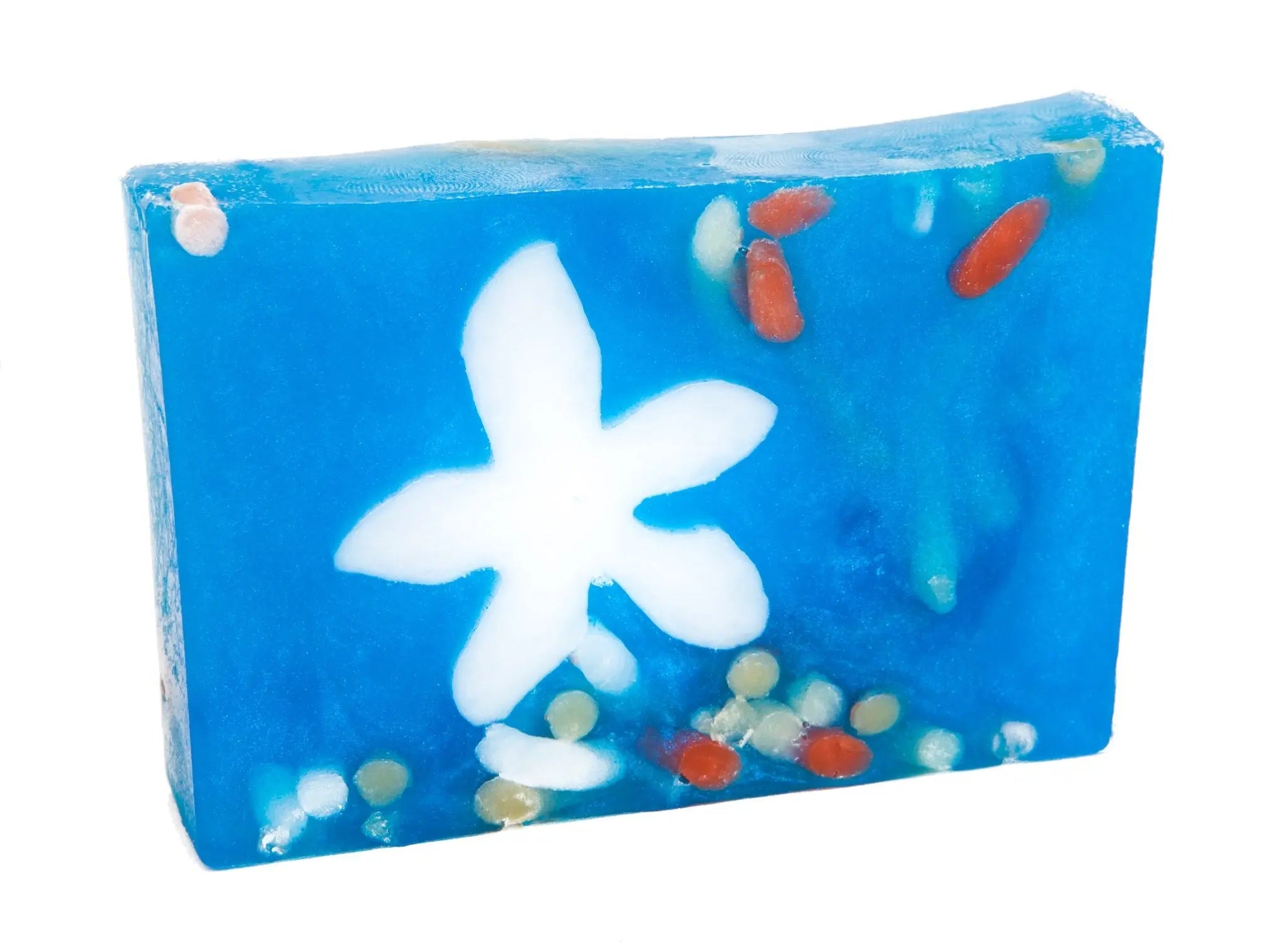 Blue bar of soap with white star and red/white embeds