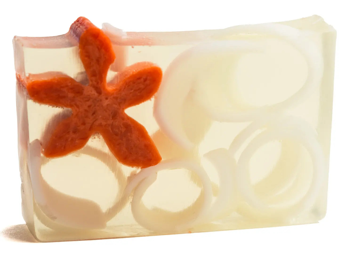 Clear soap slice 5.5 oz with orange starfish and white onion slices inside.