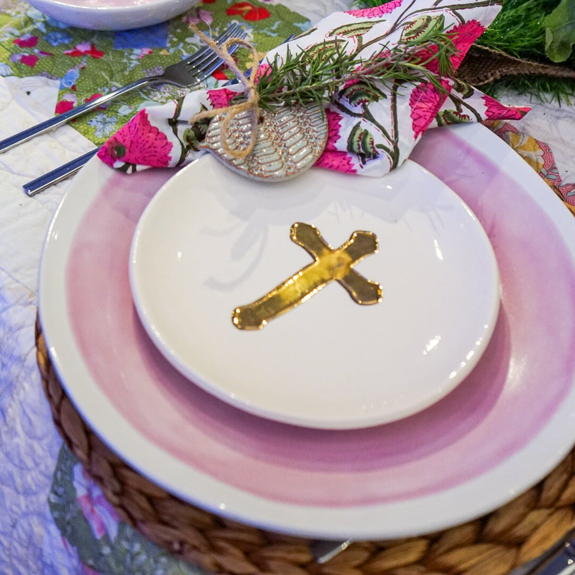 Prodigal Pottery Small Ceramic Gold Leaf Cross Plate — product view 5