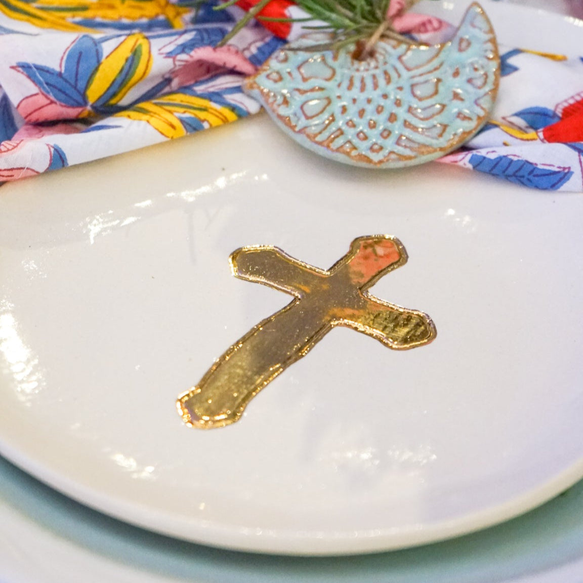 Prodigal Pottery Small Ceramic Gold Leaf Cross Plate — product view 3